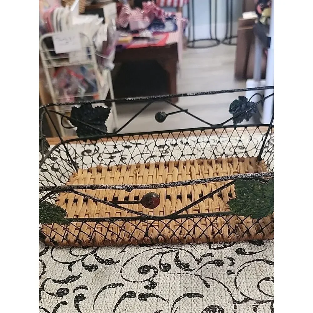 Woven Rattan & Decorative Metal Basket - Brown and Black